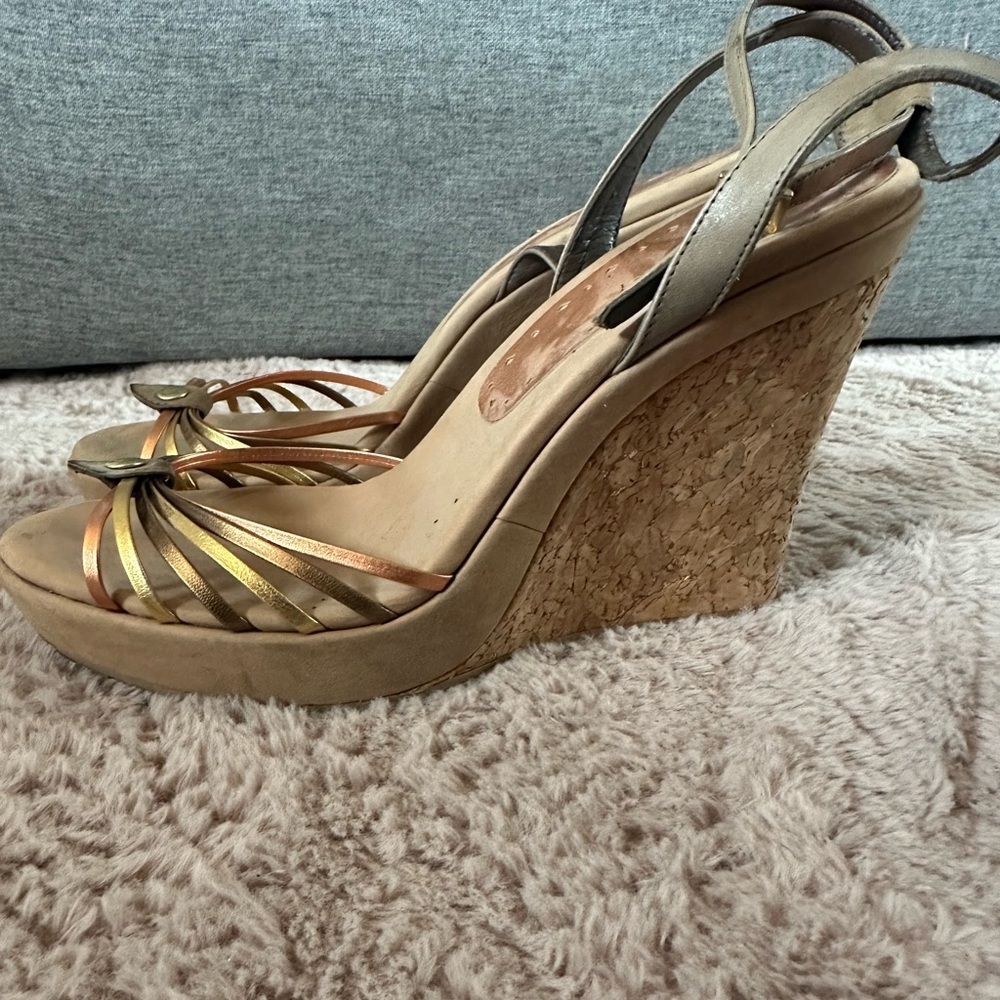 BCBGeneration Gold and Tan Sandals with Strappy Design